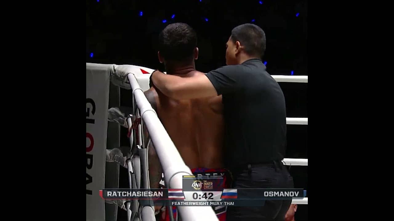 What a STATEMENT 💯 Elbrus Osmanov drops Ratchasiesan three times for a first-round TKO!