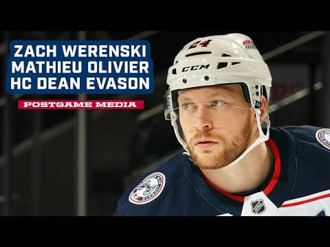 Zach Werenski, Mathieu Olivier and Head Coach Dean Evason - Blue Jackets @ Sharks | Postgame Media