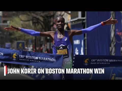 John Korir reacts to setting a new course record at the 130th Boston Marathon