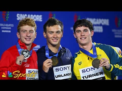 Luca Urlando receives first worlds gold medal at men's 200m butterfly medal ceremony | NBC Sports