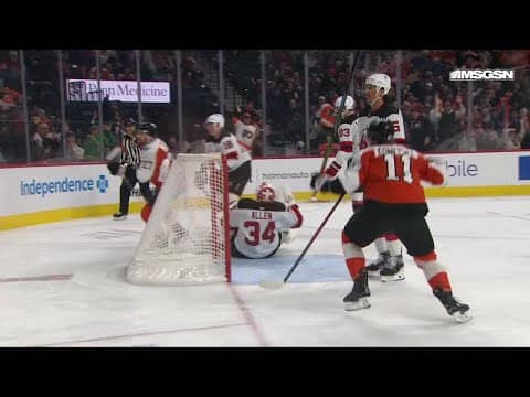 Noah Cates scores a goal against the New Jersey Devils