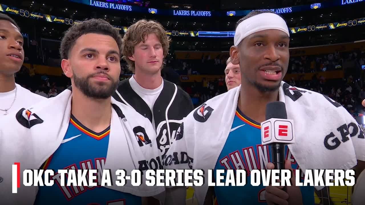 Shai Gilgeous-Alexander and Ajay Mitchell react to Game 3 victory over the Lakers | NBA on ESPN