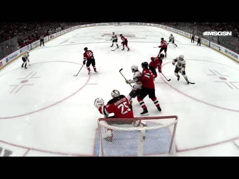 Shea Theodore scores a goal against the New Jersey Devils