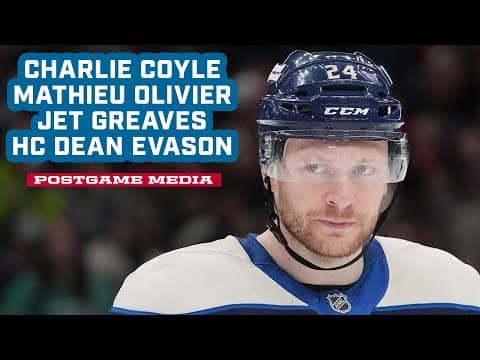 Charlie Coyle, Mathieu Olivier, Jet Greaves and HC Dean Evason -  CBJ vs. Devils | Postgame Media