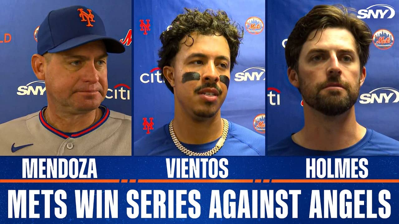 Carlos Mendoza, Mark Vientos, Clay Holmes and Carson Benge after Mets take series against Angels