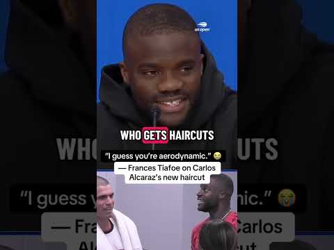 Francis Tiafoe's reaction to Carlos Alcaraz's haircut 😂 (via usopen/TT)