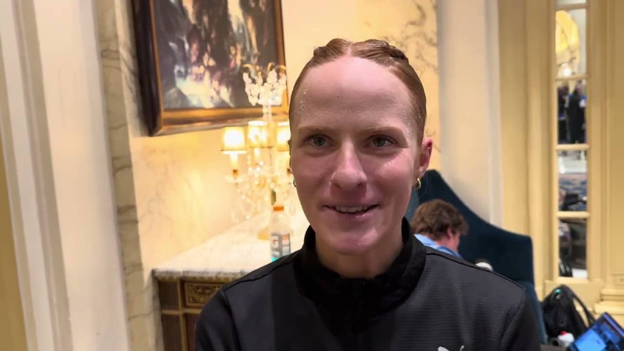 Annie Frisbie after running 2:22:00 for 8th at 2026 Boston Marathon