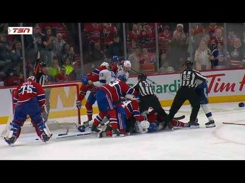 Brayden Point Hits Jakub Dobes Causing Big Scrum