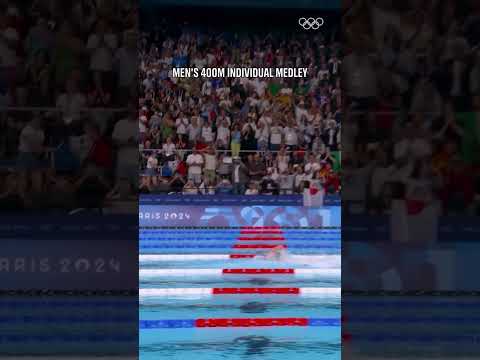 Léon Marchand at #Paris2024! Winning the first of his four individual golds in Olympic Record time!