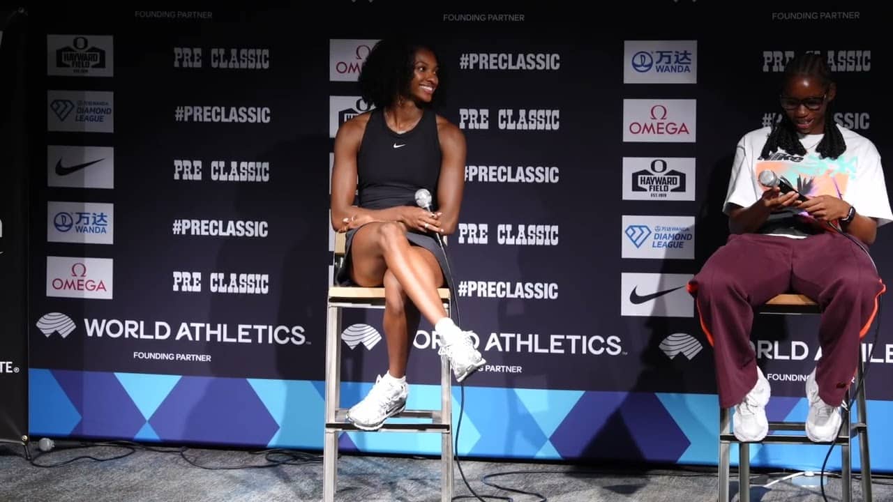 Melissa Jefferson-Wooden, Masai Russell and Tina Clayton Press Conference At Prefontaine Classic
