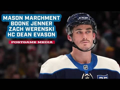 Mason Marchment, Boone Jenner, Zach Werenski and HC Dean Evason - CBJ vs. Penguins | Postgame Media