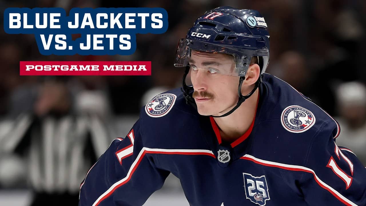 Zach Werenski, Mason Marchment, Zach Aston-Reese and Head Coach Rick Bowness | Postgame Media