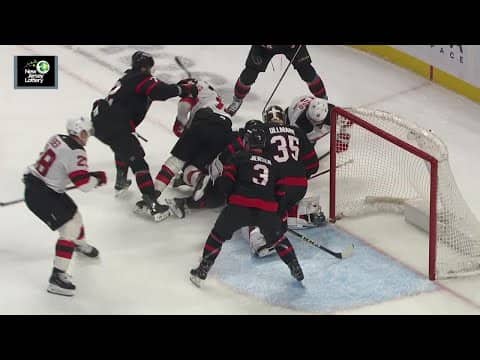 Timo Meier scores a goal against the Ottawa Senators