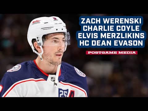 Zach Werenski, Charlie Coyle, Elvis Merzlikins & HC Dean Evason -  CBJ @ Avalanche | Postgame Media