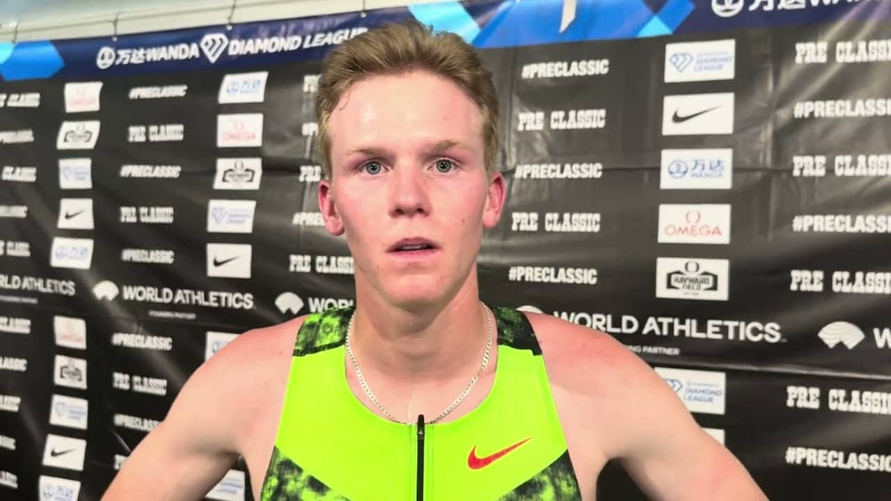 Ethan Strand after a big PB to get third in the Bowerman Mile