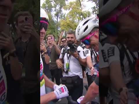 All the emotions 🥹 Brandon McNulty and Tadej Pogacar embrace at GP Montreal.