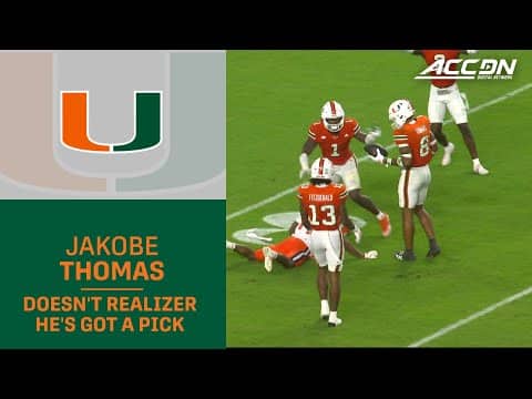 Miami DB Jakobe Thomas Doesn't Realize He's Got An Interception