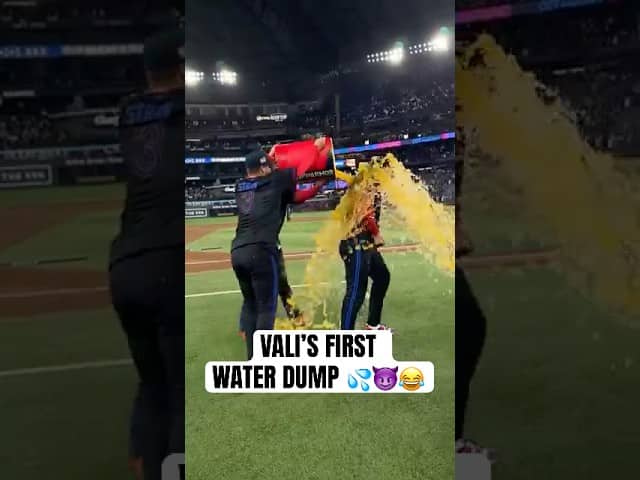 Brandon Valenzuela’s FIRST Postgame Water Dump from Vladdy and Myles Straw! #MLB #BlueJays #Toronto