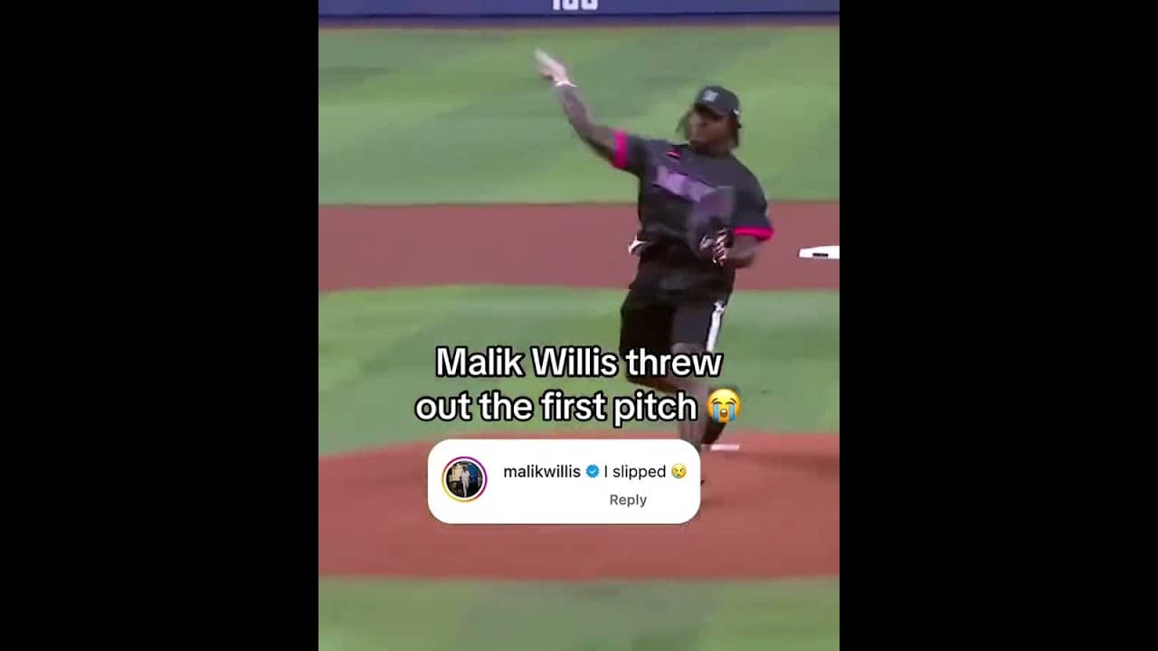 Just a bit outside for the Dolphins' new QB1 at the Marlins game 😅 (via @MLB/TT)
