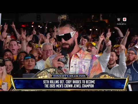 Seth Rollins reacts to defeating Cody Rhodes in the Men's Crown Jewel Championship | WWE on ESPN