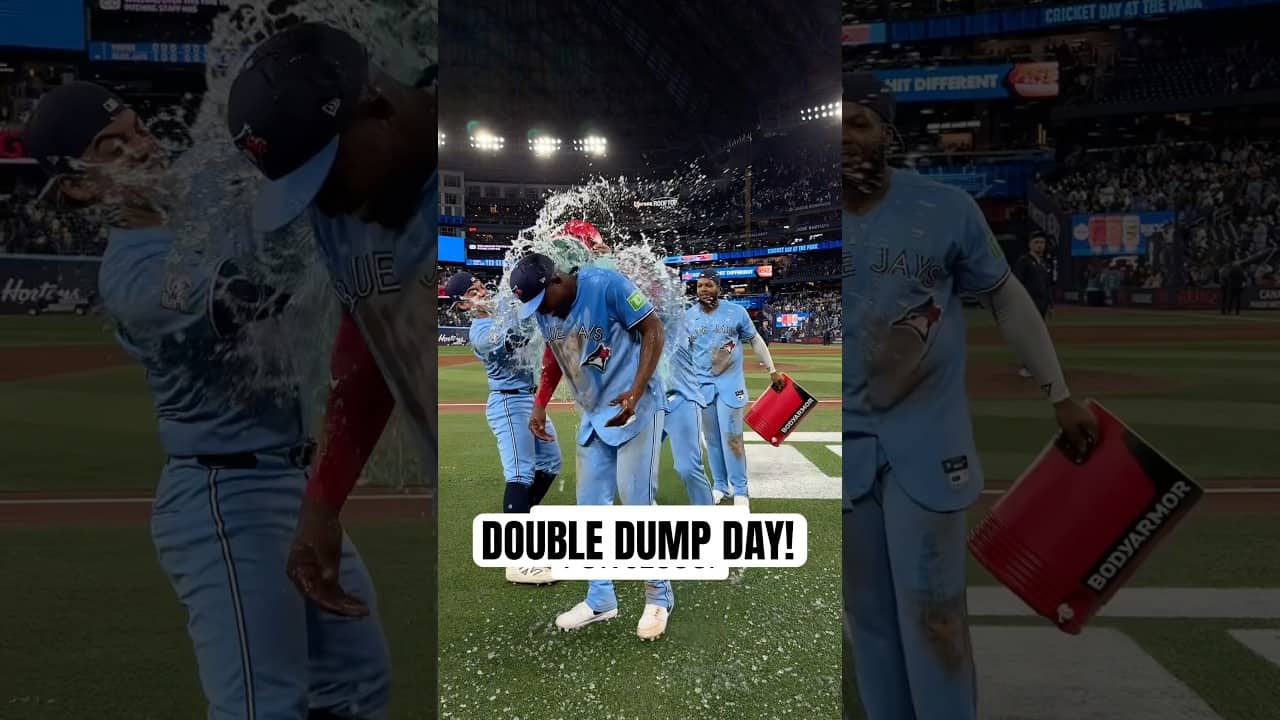 Jesús Sánchez gets a double water dump after a big win 💦💦 #MLB #BlueJays #Toronto