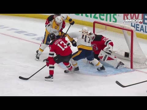 Michael McCarron scores a goal against the New Jersey Devils