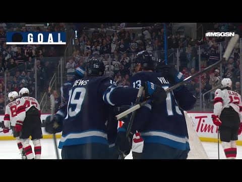 Gabriel Vilardi scores a goal against the New Jersey Devils
