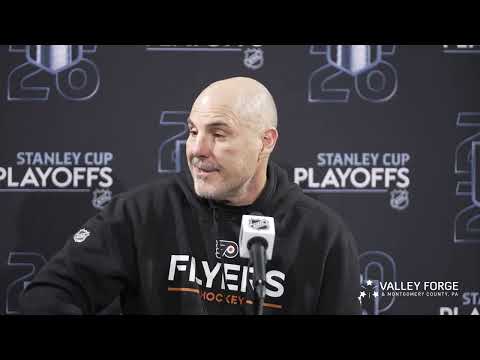 Head coach Rick Tocchet meets with the media at Sunday’s practice in Raleigh.