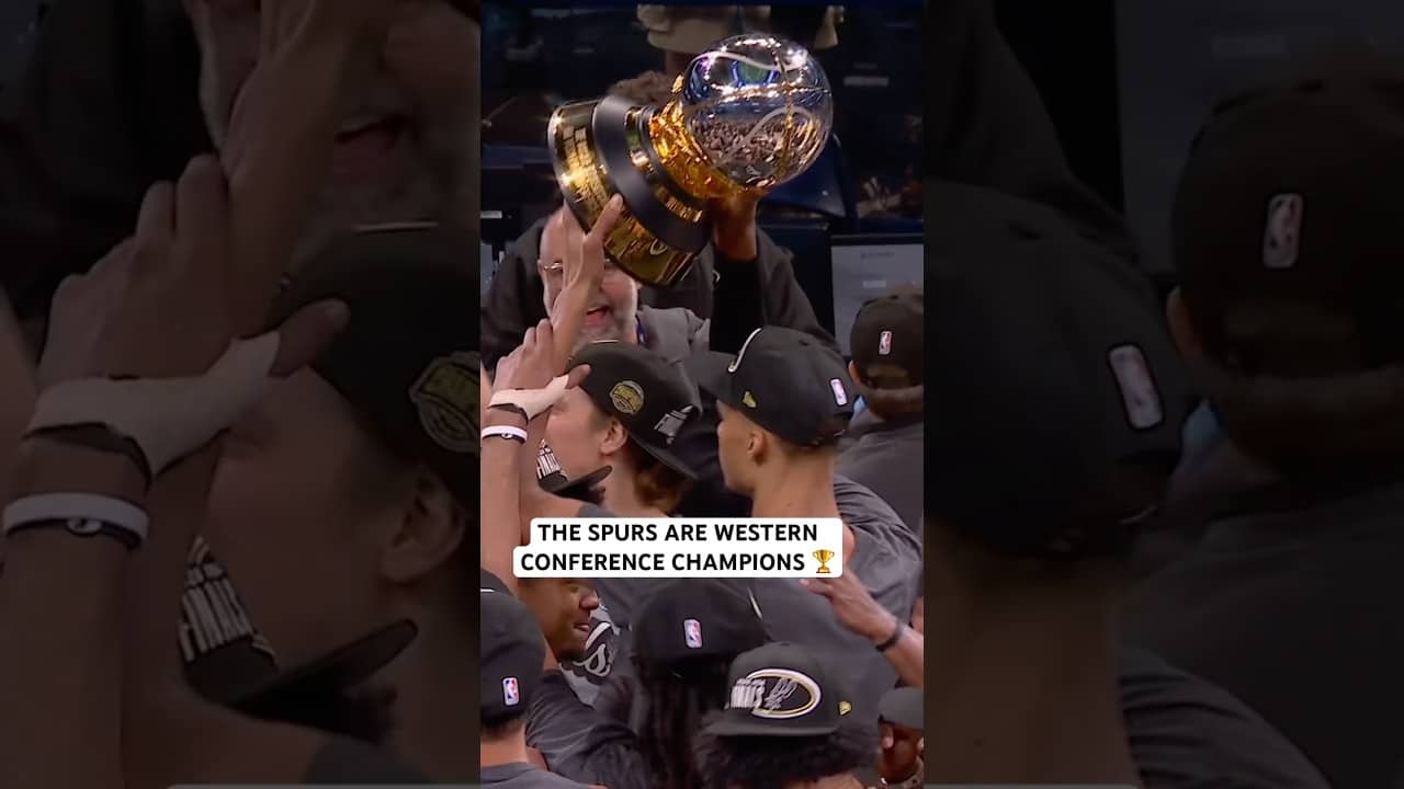 The Spurs hoist the Oscar Robertson Trophy as the 2025-26 Western Conference champions 🏆