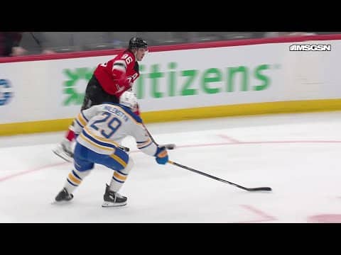 Timo Meier scores a goal against the Buffalo Sabres