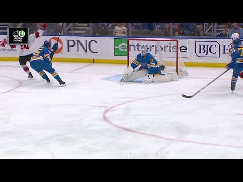 Timo Meier scores a goal against the St. Louis Blues