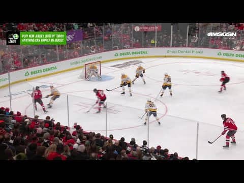 Timo Meier scores a goal against the Nashville Predators