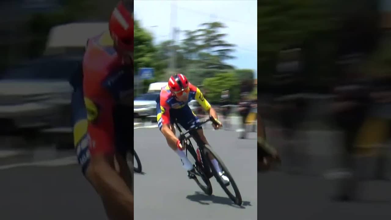 Giulio Ciccone knew this one was close 😳 Pushing the bike to its absolute limit 🤏