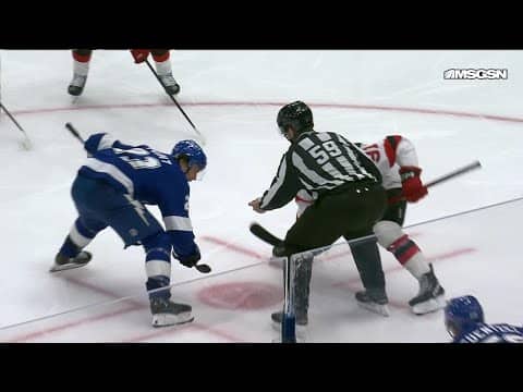 Darren Raddysh scores a goal against the New Jersey Devils