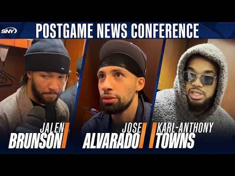 Jalen Brunson, Jose Alvarado, and Karl-Anthony Towns react after Knick's 126-111 loss to the Pistons