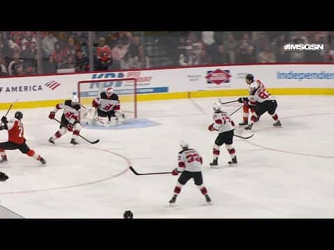 Tyson Foerster scores a goal against the New Jersey Devils