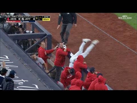 RYAN McMAHON MAKES THE BIG CATCH AND FLIPS INTO THE RED SOX DUGOUT!