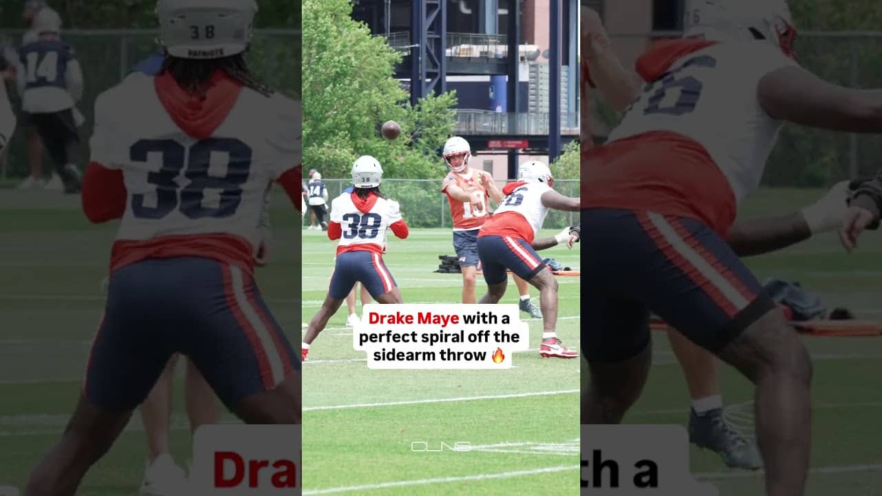 Drake Maye throws a sidearm BEAUTY during OTA drills