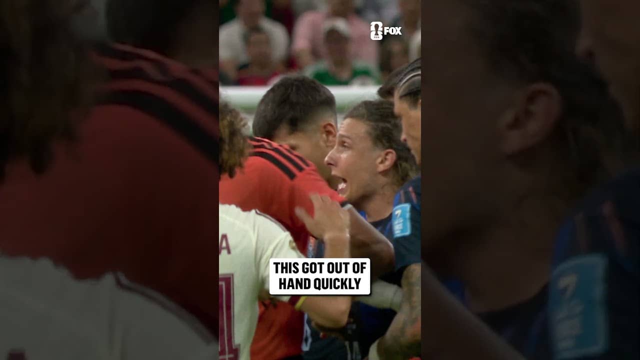 Agustín Canobbio is shown a red and things escalate in Guadalajara between Spain and Uruguay players