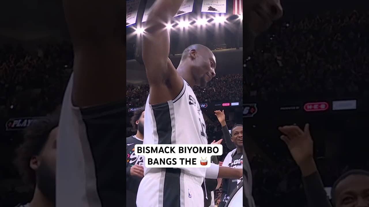 Bismack BIYOMBO bangs the drum after the Spurs Game 2 win
