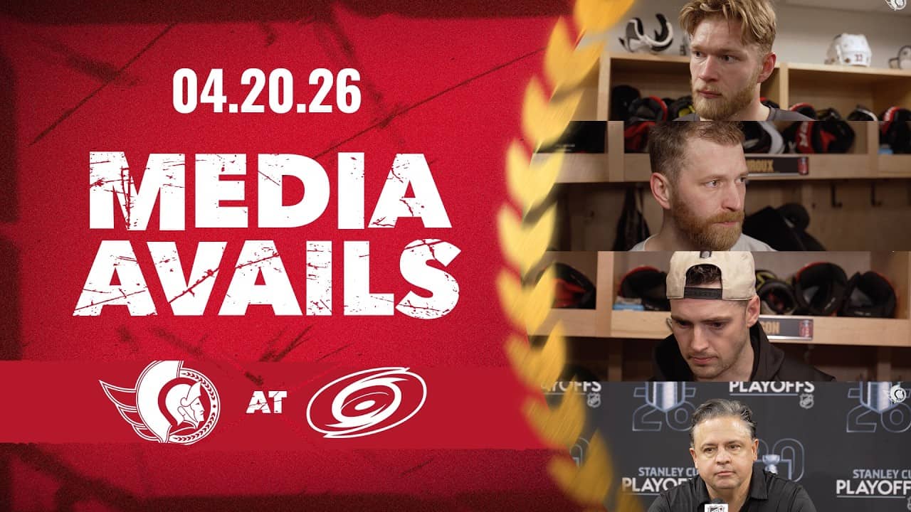 Drake Batherson, Claude Giroux, Nikolas Matinpalo, Travis Green Pregame Media vs CAR