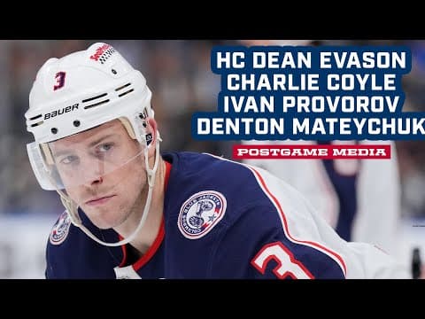 Blue Jackets HC Dean Evason, Charlie Coyle, Ivan Provorov and Denton Mateychuk |  Postgame Media