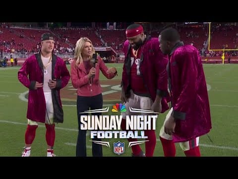 Christian McCaffrey rocks National RB Day swag with Trent Williams, Tatum Bethune | SNF | NFL on NBC