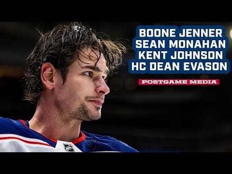 Boone Jenner, Sean Monahan, Kent Johnson and Head Coach Dean Evason |  Postgame Media