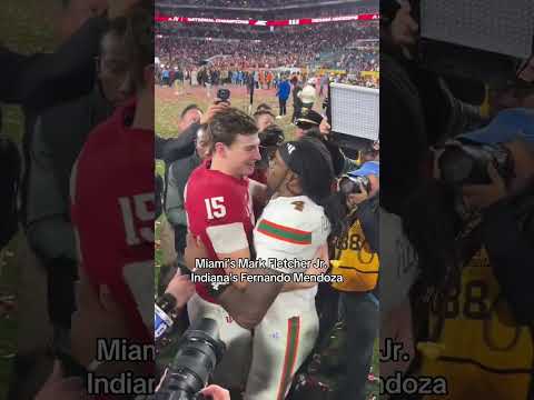 Miami’s Mark Fletcher Jr. waited to congratulate Mendoza on winning the National Championship 👏