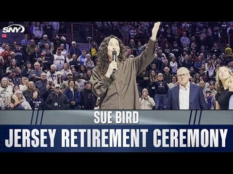 Sue Bird and Geno Auriemma speak to UConn fans at Bird's jersey retirement ceremony