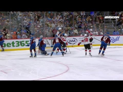 Dougie Hamilton scores a goal against the Colorado Avalanche