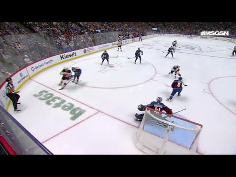 Dawson Mercer scores a goal against the Colorado Avalanche