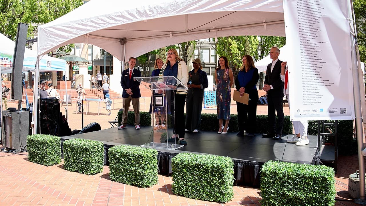 Club CEO Heather Davis speaks about Soccer Celebration at Pioneer Courthouse Square