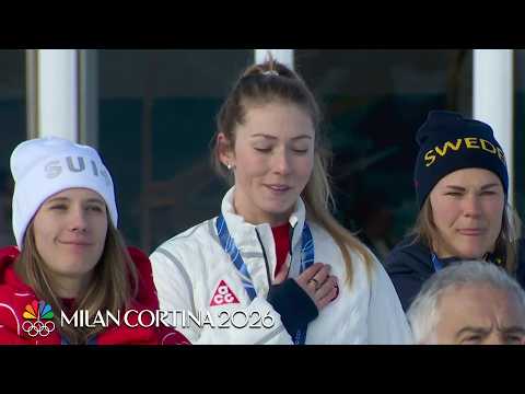 Mikaela Shiffrin embraces U.S. national anthem after slalom gold | Winter Olympics 2026 | NBC Sports
